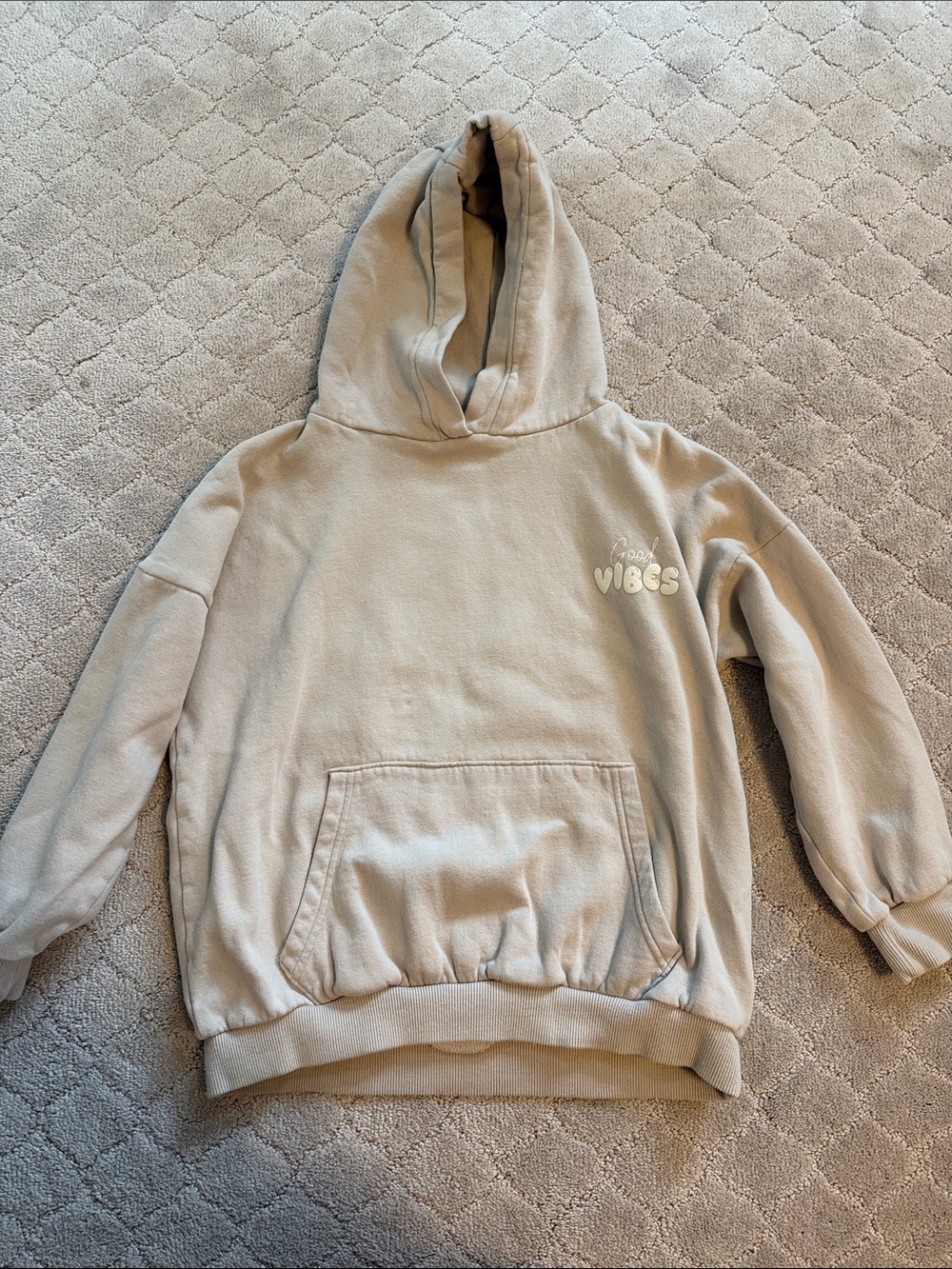 Kids' Cozy 'Good Vibes' Hooded Pullover Jacket - Beige age 11